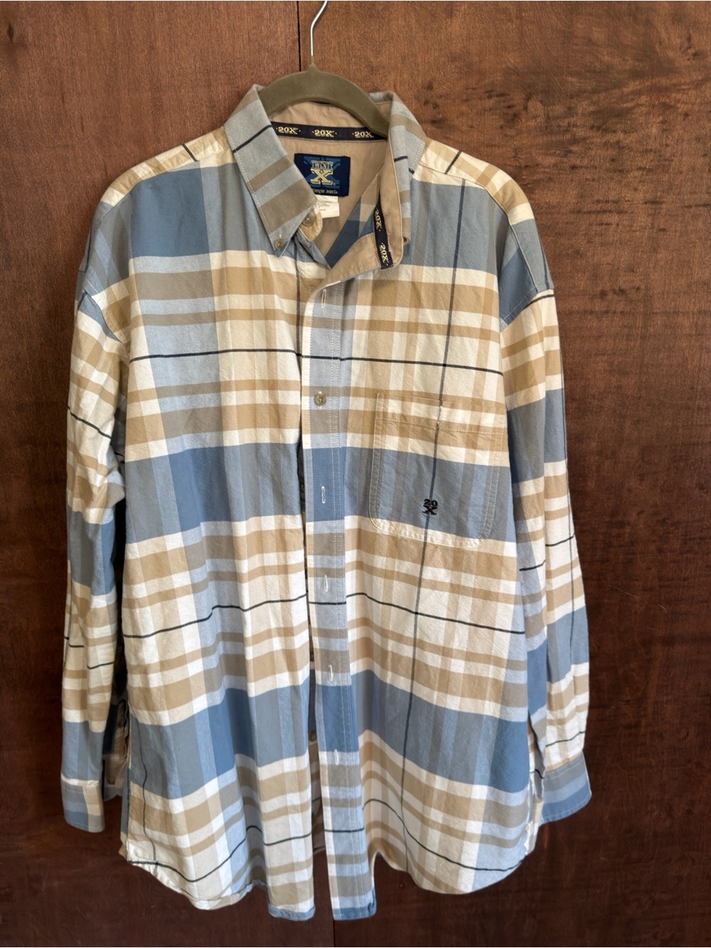 20X Twenty X Men’s Plaid Button Down Shirt Blue Tan Western Long Sleeve (1025)